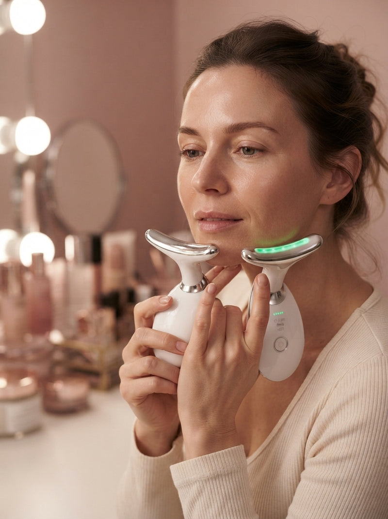A woman using a handheld microcurrent facial massager on her jawline while sitting at a vanity during her evening routine.