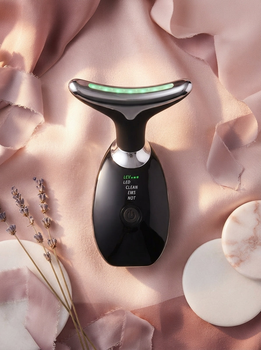 A sleek microcurrent facial device displayed on a blush pink silk fabric with minimalist decor in a luxury setting.